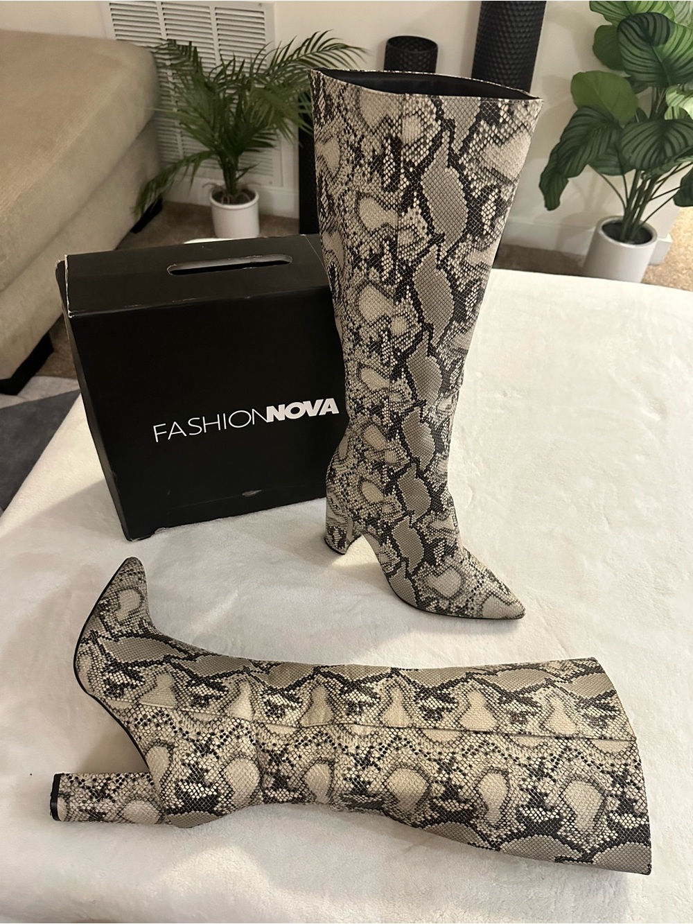 Fashion Nova Beige and Black Snake-Print -Knee- high Boots